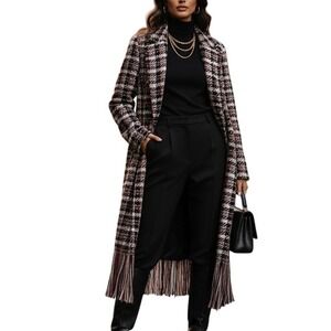 Regency Coat Plaid Fringe Hem Longline Overcoat Jacket M